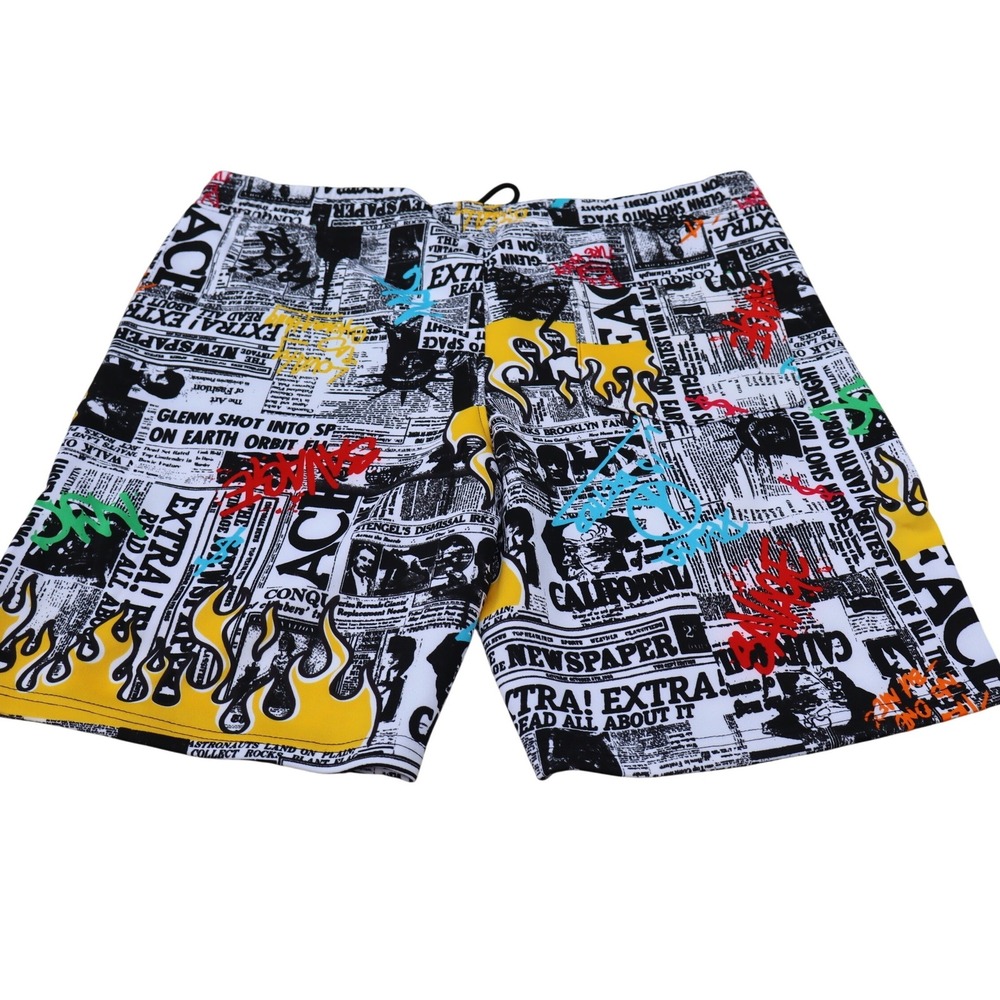 Fresh Prints of Bel-Air Newspaper Graffiti Flame Board Shorts Mens Large NWT
